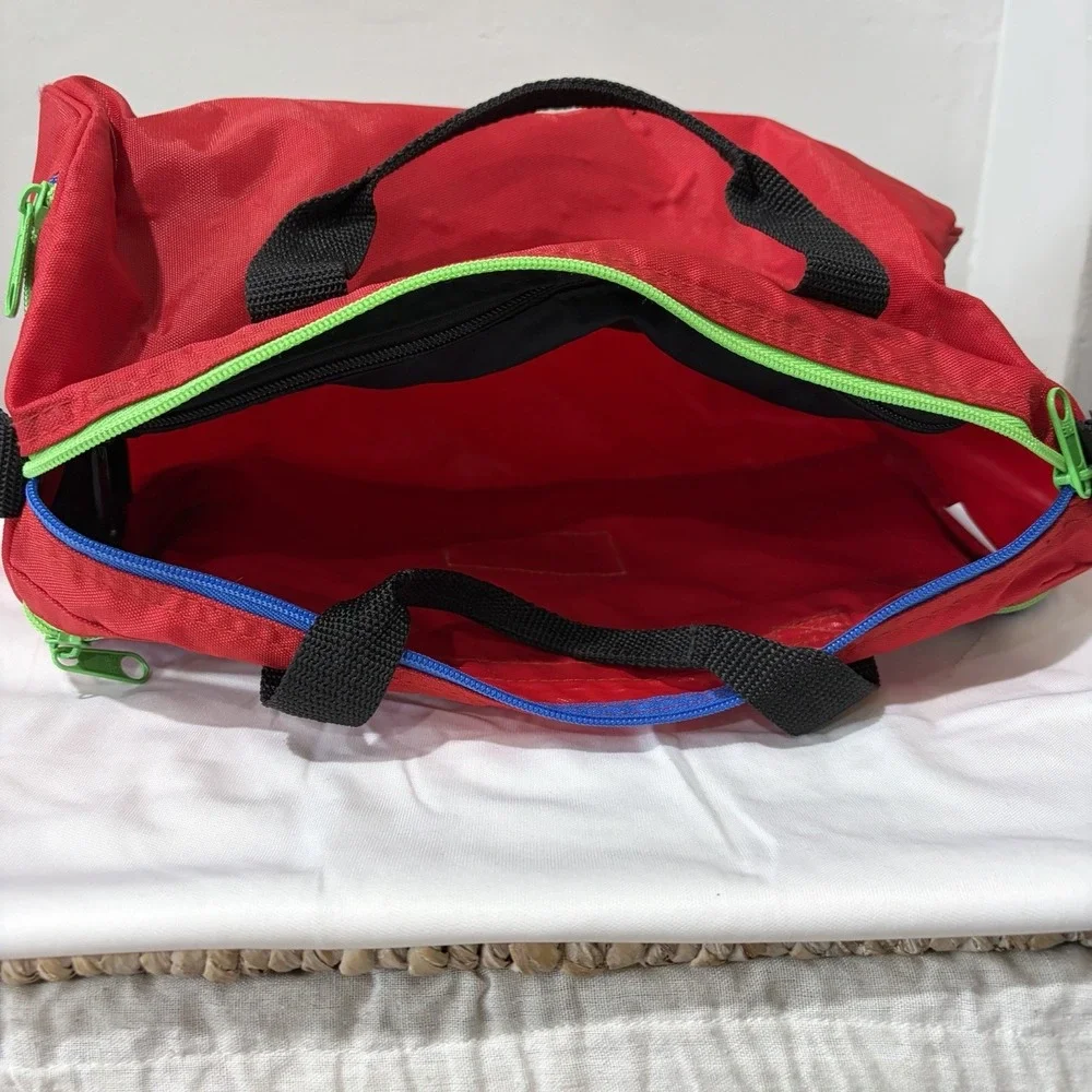 Vintage Land's End Red duffle bag small Vinyl 90s Green Blue Zipper 12